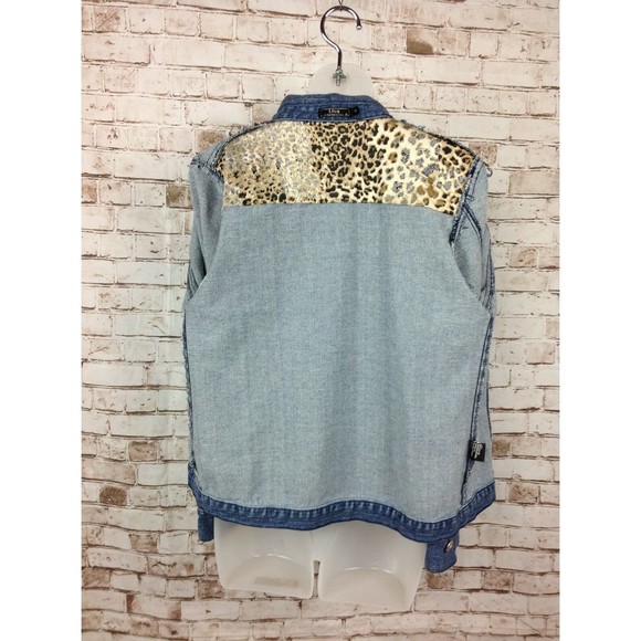Lisa International Womens Small Denim Stretch Jacket Blue Jean Leopard Flip Cuff - Picture 7 of 12